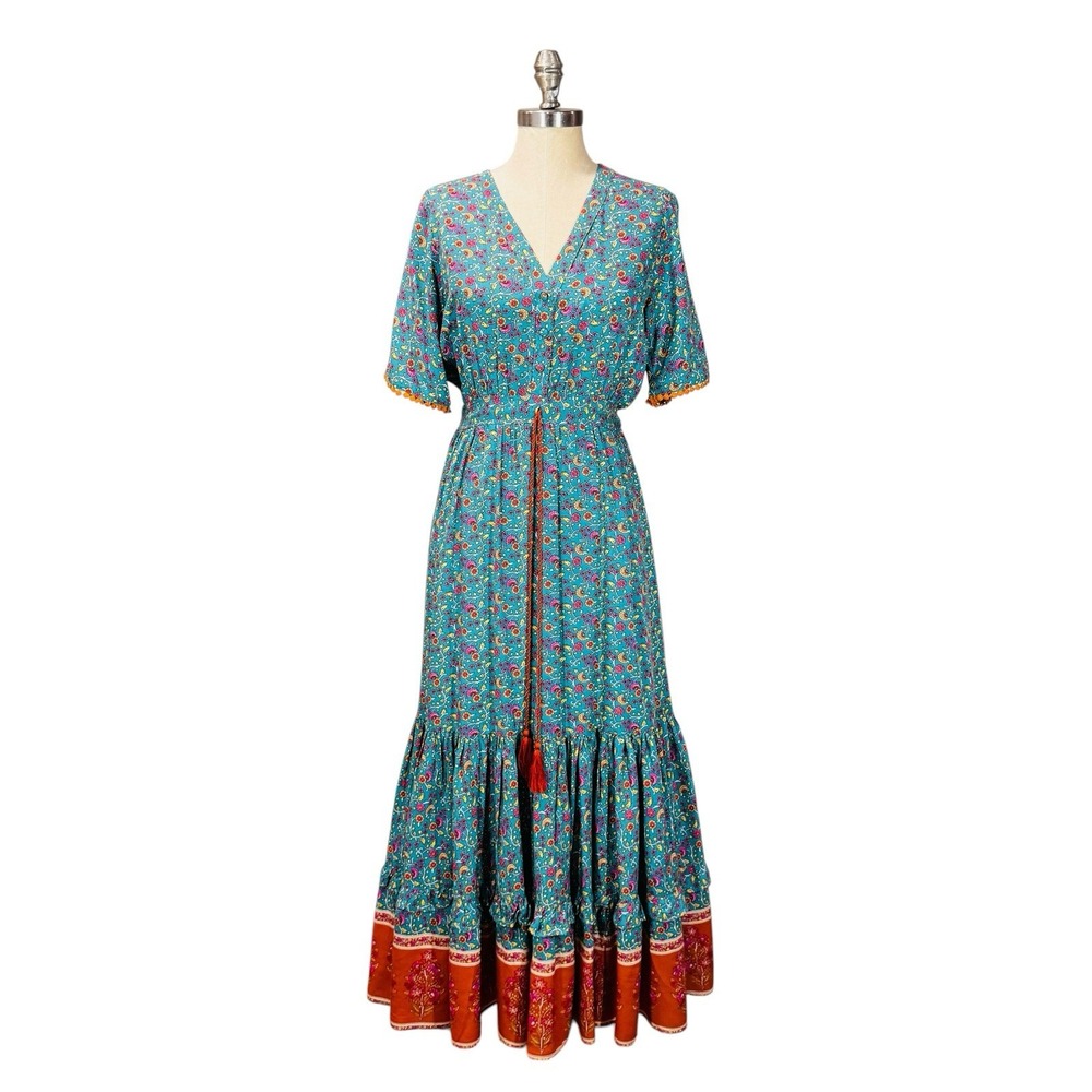 R Vivimos Boho Maxi Dress Womens Small Blue Floral‎ Cottagecore Festival Beach